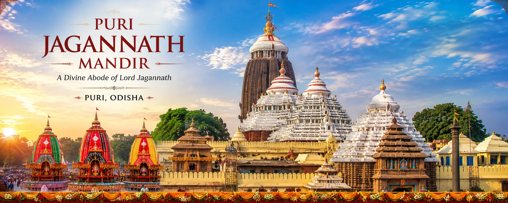 The majestic Shikhara of the Puri Jagannath Temple with the Patitapabana flag fluttering against a blue sky, Odisha, India.