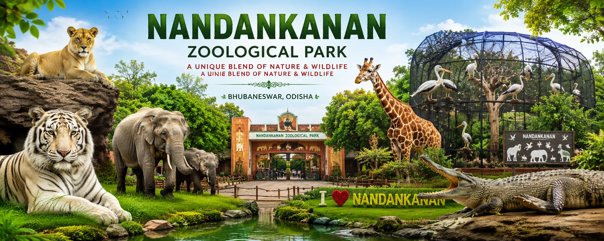 A majestic White Tiger at Nandankanan Zoological Park, surrounded by the lush green canopy of the Kanjia Lake wetlands, Odisha.